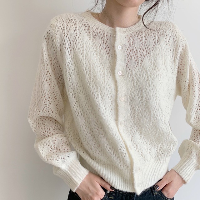 カーディガン クルーネックセーター レディース 送料無料 3色 バブルスリーブ ケーブルニット 透かし編み 小花柄 カーディガン ジャケット レディース ファッション  ボリューム袖 バルーンスリーブ パフスリーブ ゆったり 大きめ ゆる 楽ちん きれいめ シンプル かわいい 可愛い カジュアル おしゃれ お洒落 こなれ感 抜け感 上品 エレガント 春 春服 夏 夏服 デート 通学 学生 お出かけ 普段使い 着回し 重ね着 無地 単色 体型カバー ガーリー 大人女子 インスタ映え