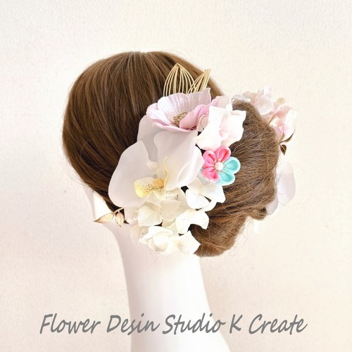 胡蝶蘭と紫陽花のヘッドドレス　ウェディング ヘアアクセサリー　造花　髪飾り　ブライダル　結婚式　二次会　披露宴