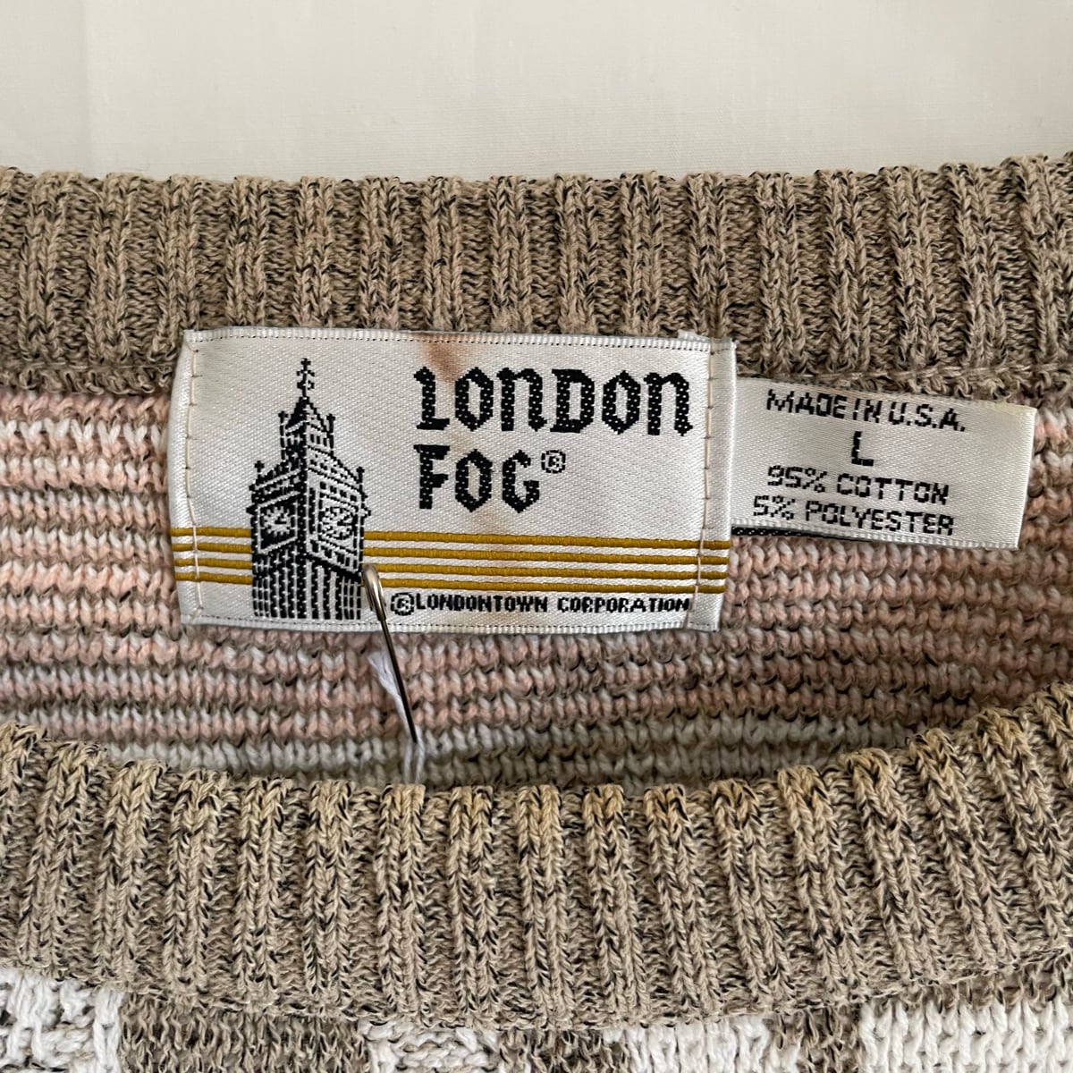 90s LONDON FOG 3Dニット セーター コットン 古着 総柄 クルーネック