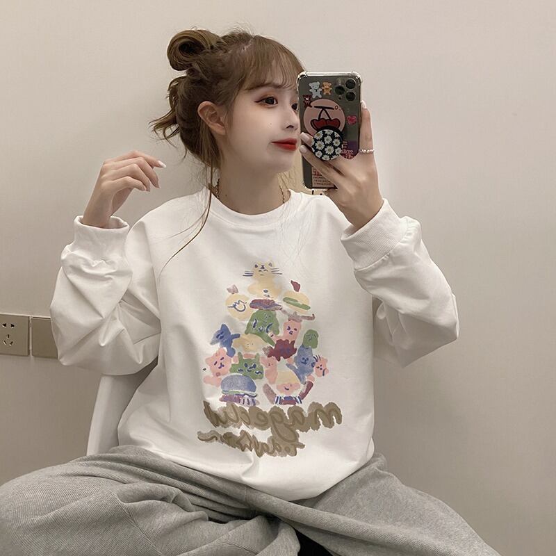 オータムウィンタープリントプルオーバー ラウンドネックルーズセーター コート ロング 秋物 冬物 Oネック YY-ファッション64571449059