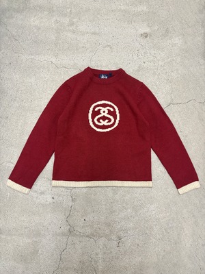 00s OLD STUSSY/SS link Logo Sweater/紺タグ/S/SSリンクロゴセータ－/ニットセ－タ－/レッド/ホワイト/ステューシー/オールドステューシー
