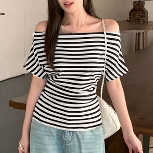 オフショルダー カットソー レディース 春 夏 韓国 肩出し おしゃれ 大人 カジュアル きれいめ サイドギャザー オフショル Tシャツ ワンショルダー ボートネック 薄手 大人可愛い 大人女子