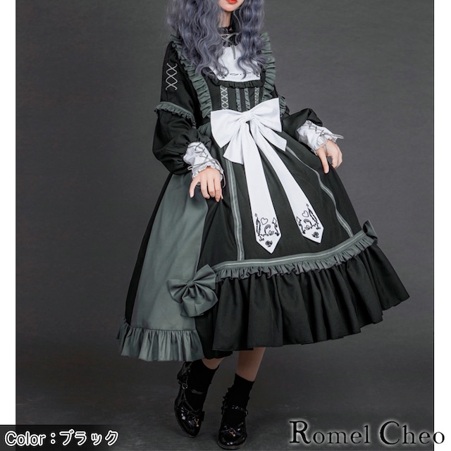 お支払い確認後日以内発送 Romelcheo ロリータ ローズ ハート ワンピース リボン 刺繍 フリル レディース ゴシック ドレス 黒ロリ 赤ロリ Aライン 長袖 姫系 原宿系 青文字系 ガーリー エレガント ファッション ロメルチェオ Romelcheo