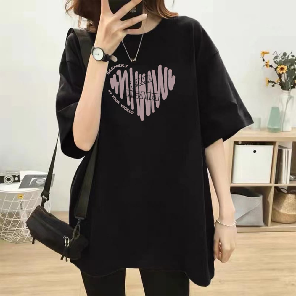 ハートロゴ Tシャツ レディース 半袖 トップス 春夏秋 おしゃれ 大人