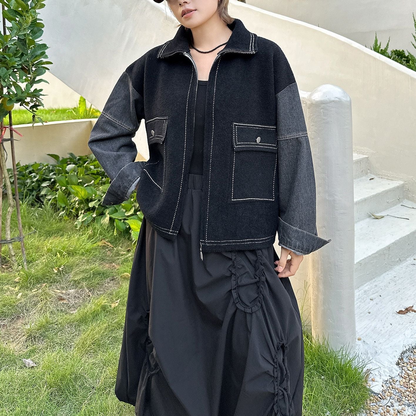 CONTRAST SLEEVES ZIP FRONT LOOSE JACKET M-18760