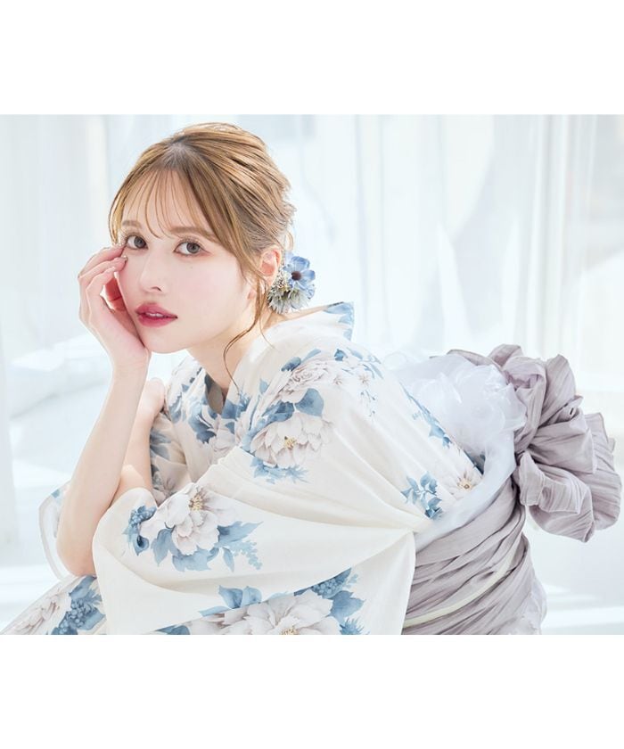 浴衣4点セット classical aqua blue flower【兵児帯ライトグレー】 Y5