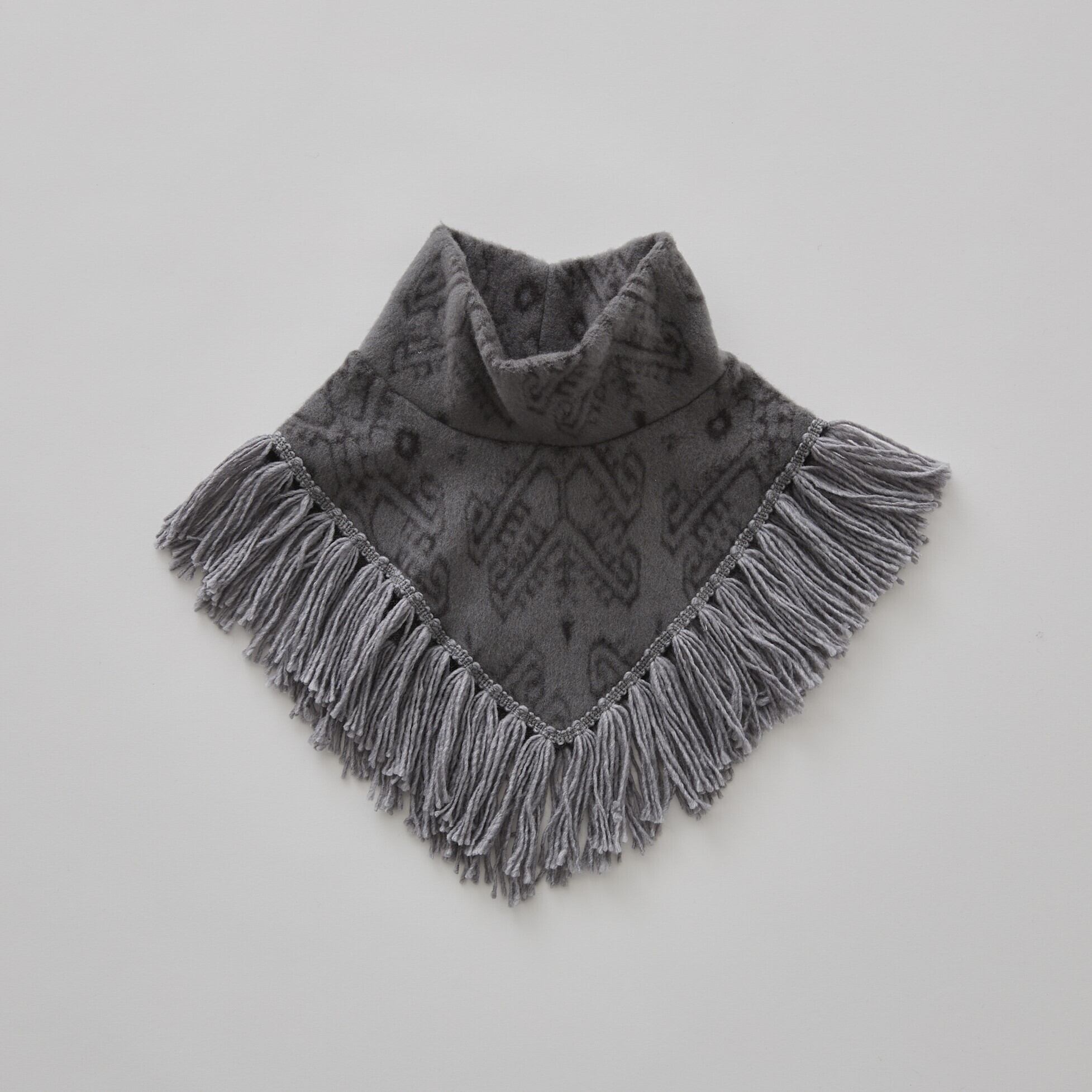 【25AW】eLfinFolk(エルフィンフォルク)Snow Jacquard Fringe Cape gray(M)ケープ アウター グレー