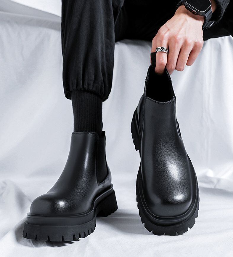 【予約販売】ブーツ メンズ サイドゴアブーツ ハイカット ゴツ底 厚底 艶 靴 ブラック 黒 お洒落 韓国 トレンド カジュアル 24cm/24.5cm/25cm/25.5cm/26cm/26.5cm/27cm