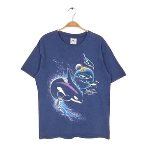 90s シャチ イルカ アザラシ ペンギン USA製 ヴィンテージ Tシャツ 惑星 宇宙 アニマルプリント ネイビー HARLEQUIN ハーレクイン アートT シングルステッチ サイズL BZ0657