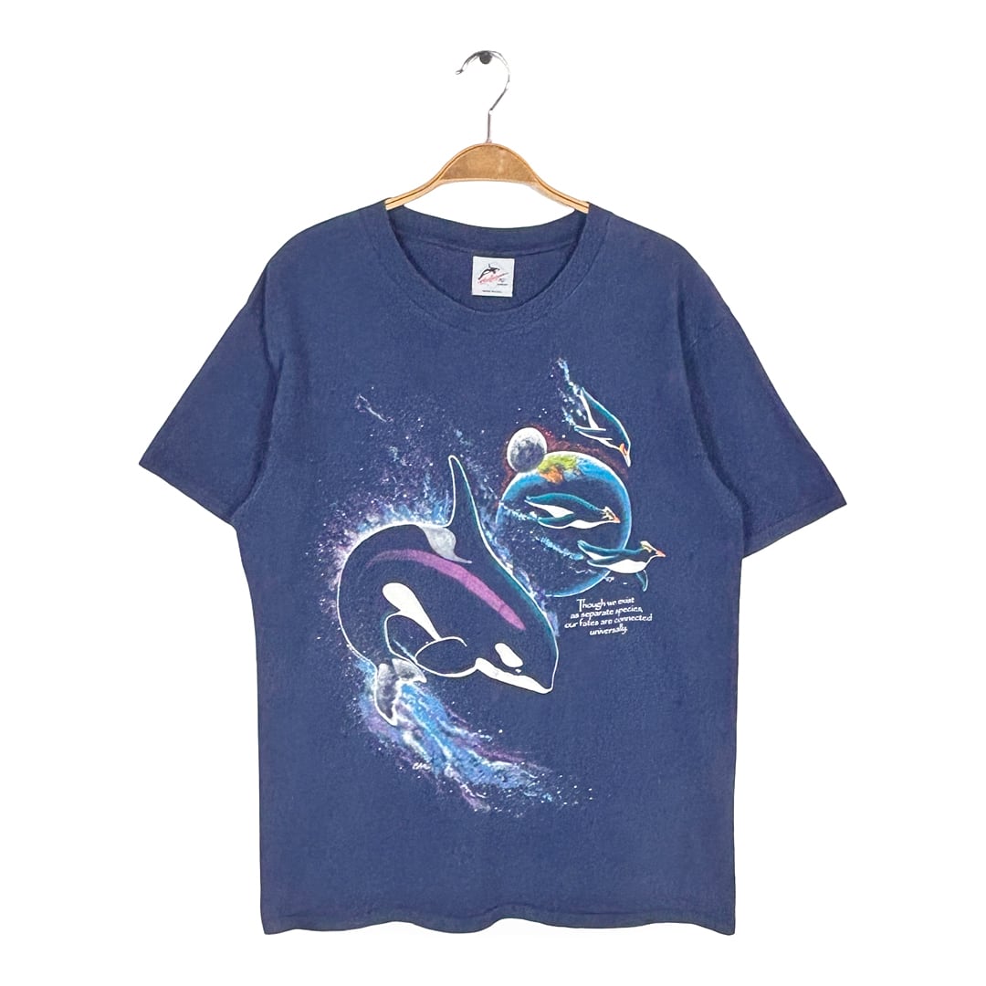 90s シャチ イルカ アザラシ ペンギン USA製 ヴィンテージ Tシャツ 惑星 宇宙 アニマルプリント ネイビー HARLEQUIN ハーレクイン アートT シングルステッチ サイズL BZ0657