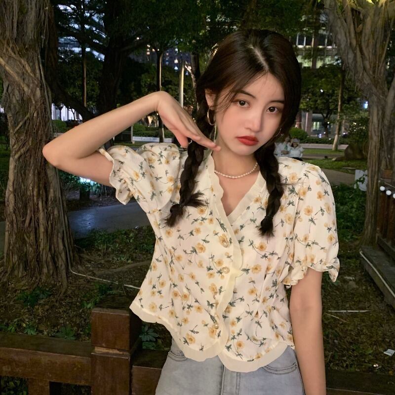 サマースタイルフローラルブラウス シャツ Vネックカーディガンレディース 夏物 花柄 YY-ファッション84635446285