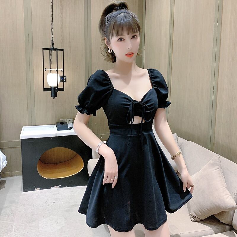 Vネックドレス ショートハイウェストスリムAラインスカート ハンチェンe18435720421