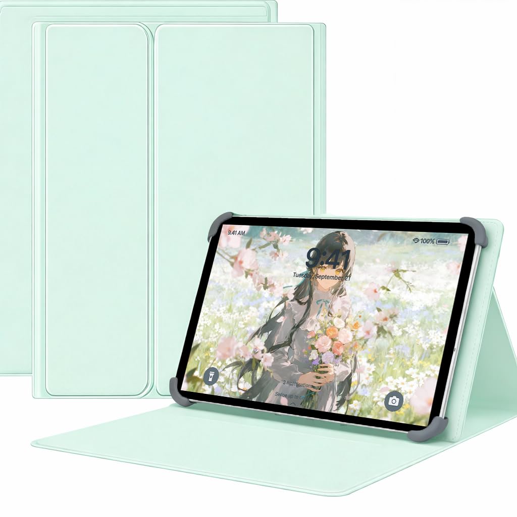 For スマイルゼミ スマイルタブレット4 (SZJ-JS203) ケース 9-11インチ タブレットケース マグネット着脱式 3段階スタンドスロット&視野角度調節 スタンド機能 四隅テンションクリップ固定 耐衝撃設計 PUレザー 高級PUレザー (ミントグリーン, スマイルタブレット4)