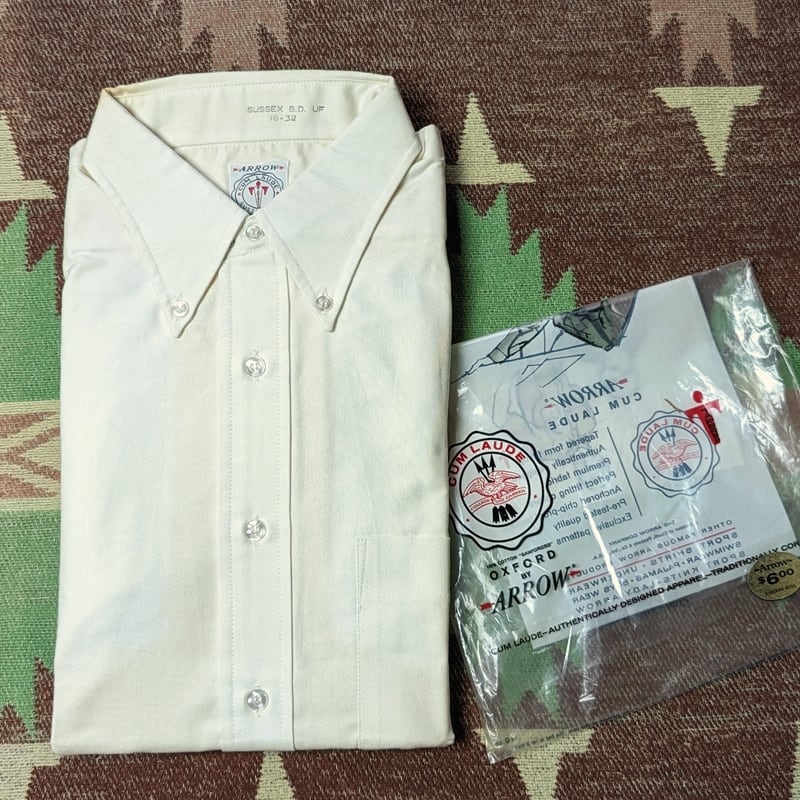 60s ARROW CUM LAUDE White Oxford B/D Shirt （16-32） DEAD-STOCK