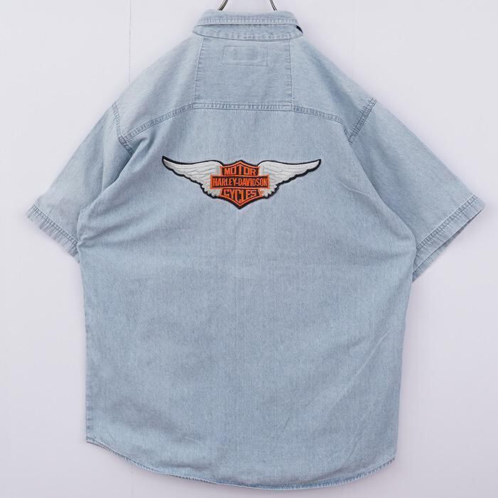 ハーレーダビッドソン 半袖デニムシャツ L 刺繍ロゴ 青 ポケット ハーレーダビッドソン 半袖デニムシャツ L 刺繍ロゴ 青 ポケット