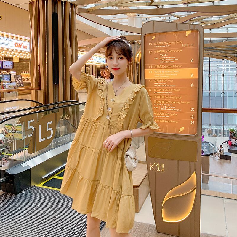 【新作】【送料無料】 マタニティドレス2020夏の新しい綿とリネンのステッチVネックドレス小さな新鮮なミドル丈ドレス妊婦-アリババ コットン サマー 夏物 expec238577579741