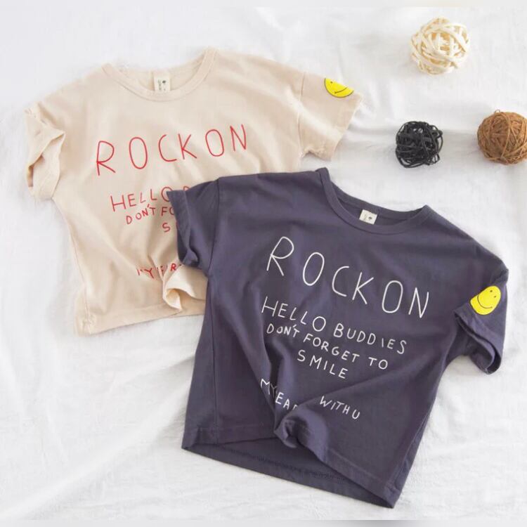 送料無料】ROCK ON ロゴ Tシャツ 半袖 ネイビー ベージュ 90-120 PETIT BAMBI （プチ バンビ）