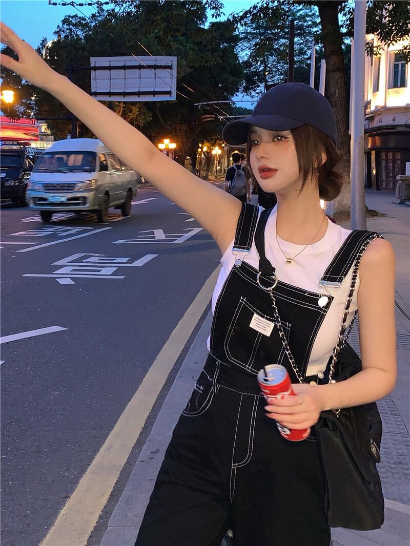 ジーンズ 薄手ハイウェストウェストスリムサマーワンピースパンツ 夏物 ブラックストロベリース87215584579