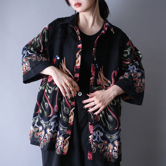 "刺繍×レース" beautiful pattern over silhouette h/s shirt