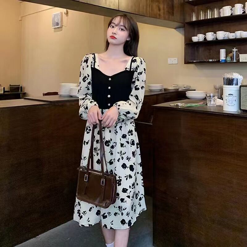 【新作】【送料無料】 甘い年齢を減らす女の子のファッショナブルなフェイクツーピース花柄スカート春と秋のスクエアネック長袖ウエスト痩身Aラインミドル丈スカート 0288411524035