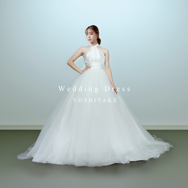 【アウトレット】ウエディングドレス(無料パニエ)　ウエディングドレス.サテン＆チュール.白.ホルターネック.パニエ付き.Y2265