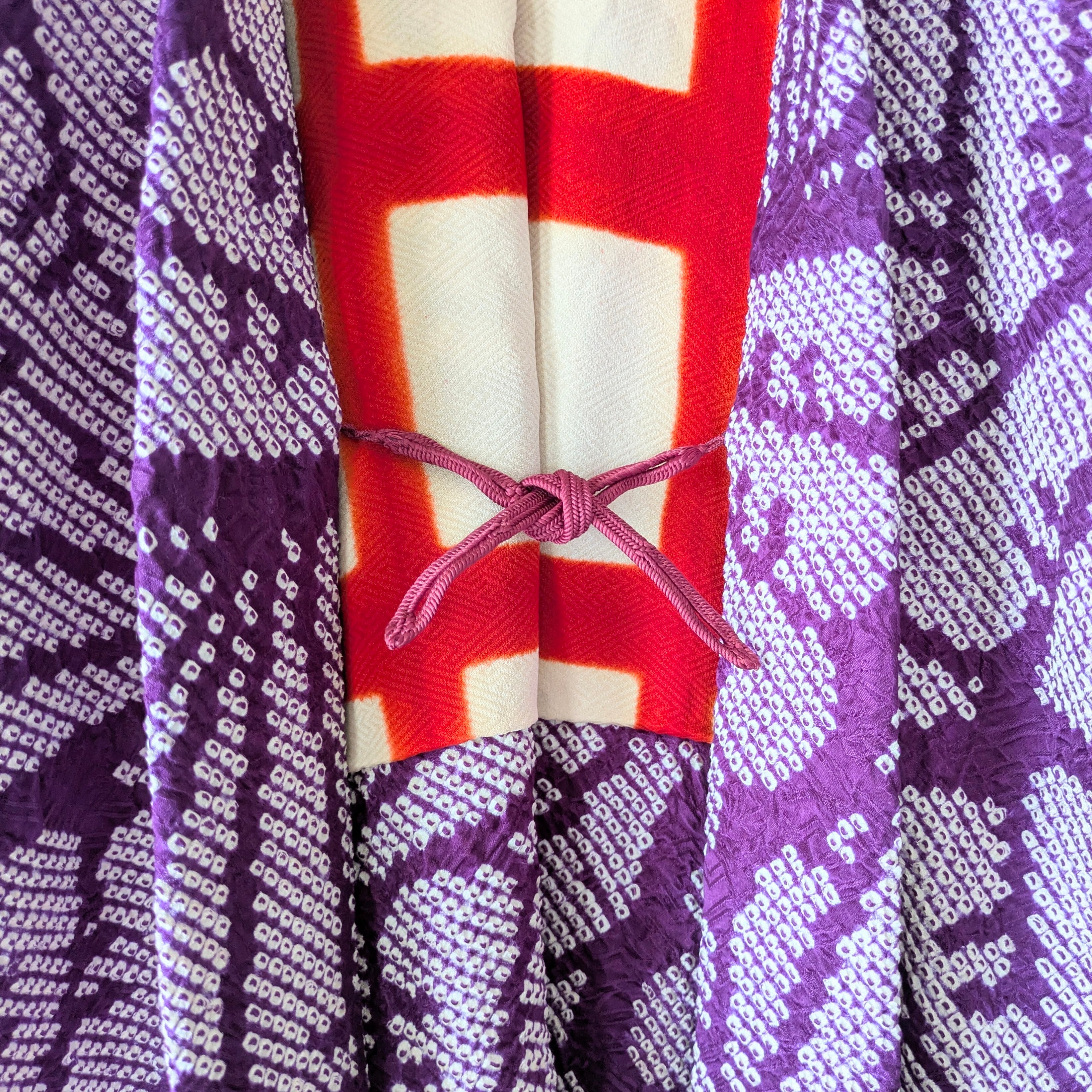 Vintage】HAORI 長羽織 羽織 正絹 総絞り 紫 扇柄 大正浪漫 古布 時代