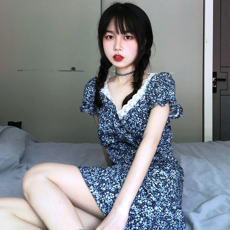 ミニワンピース フリル レース 花柄 レトロ ガーリー きれいめ カジュアル 大人可愛い 韓国ファッション Luluca 韓国トレンドファッション Luluca ルルカ