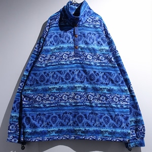 EURO Blue Botanical Pattern Design Fleece Pullover Snap T