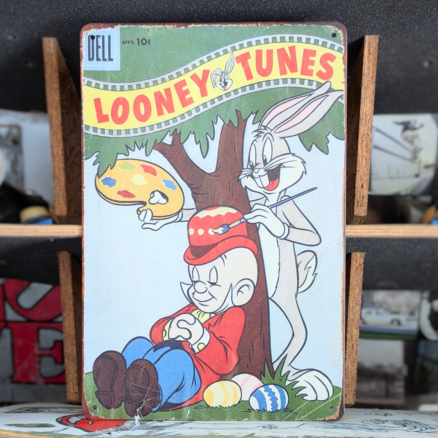 送料無料!ちょうどいいブリキ看板【 Looney Tunes ( ルーニー・テューンズ ) )】バッグス・バニー& エルマー・ファッド / METAL SIGN / メタルサイン / ブリキ看板 / サインボード / ビンテージ加工 〚アメリカン雑貨 アメトイ〛