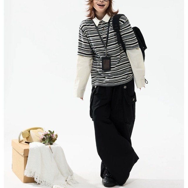border layered-look long polo tee　ボーダーレイヤードポロロングティー　J2107