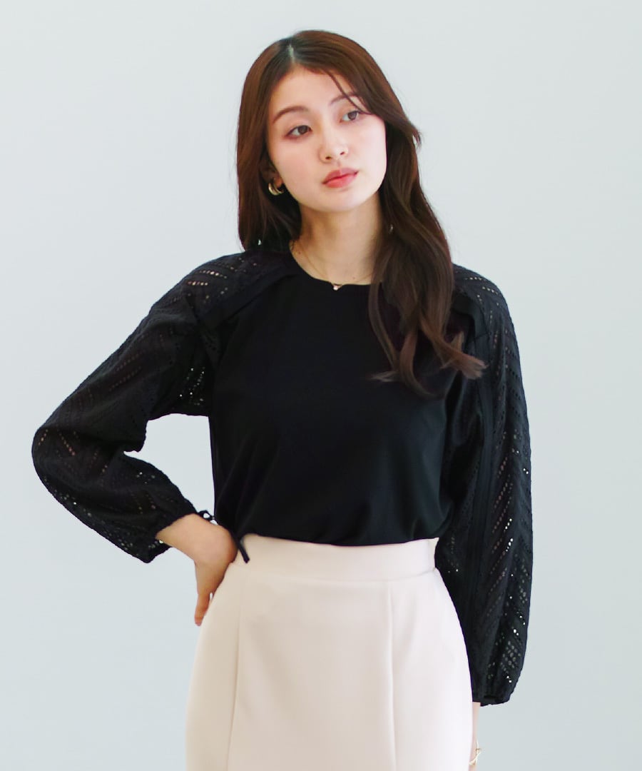 異素材MIX 】ドロスト付・刺繡レース切替プルオーバー（776074