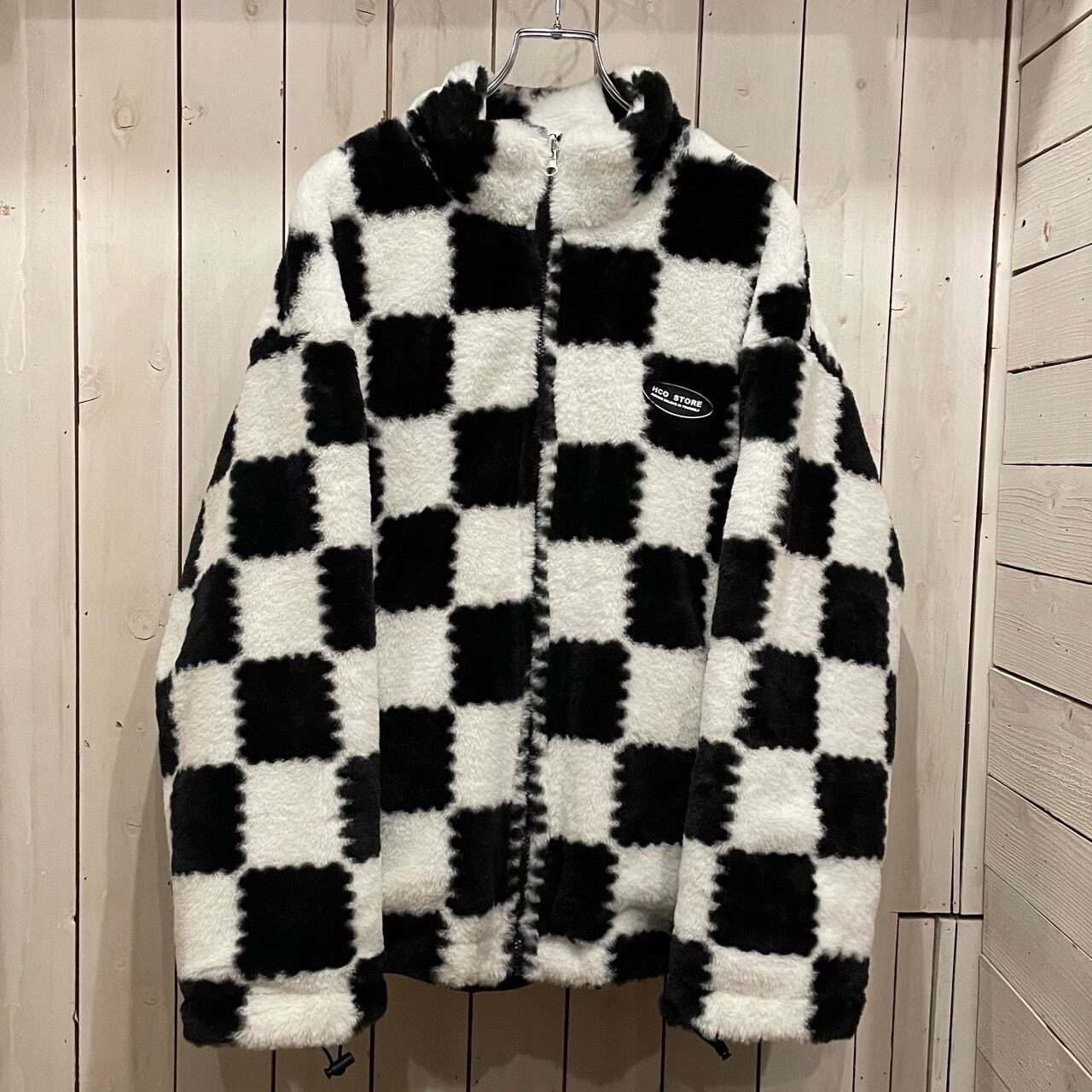 38611042-2】Checkers flag pattern boa & PU leather reversible