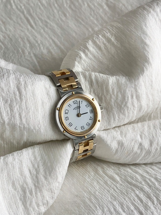 HERMES エルメス 腕時計 ゴールド シルバー ステンレススチール クリッパー デイト コンビ Q Z vintage ヴィンテージ オールド 2dapn5