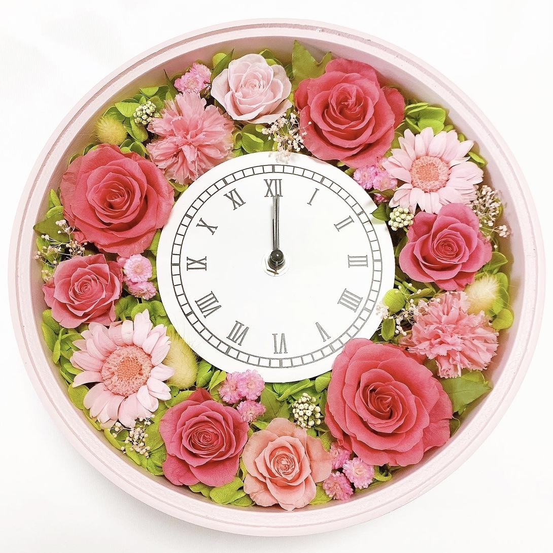 プリザーブドフラワー  花時計　フラワー時計　ピンク　時計　壁掛け時計　置き時計