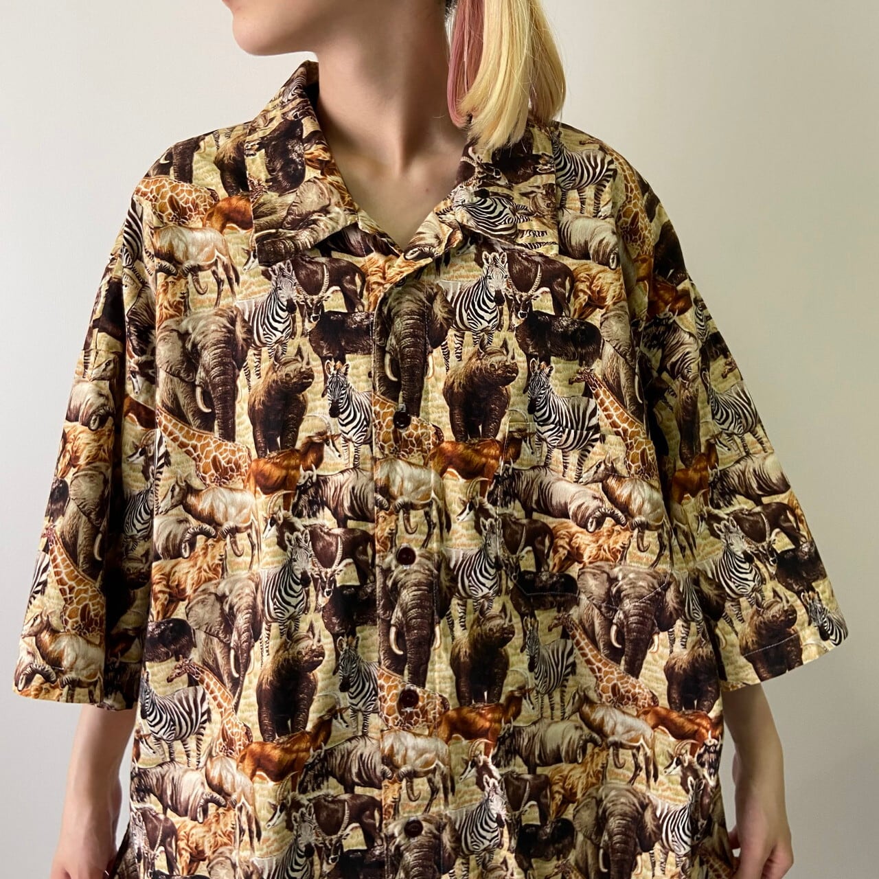 ビッグサイズ サファリ柄 アニマル ハンドメイド 総柄シャツ