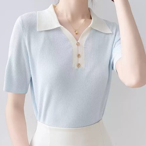 ポロカラーリブニットショートスリーブTシャツ U0526