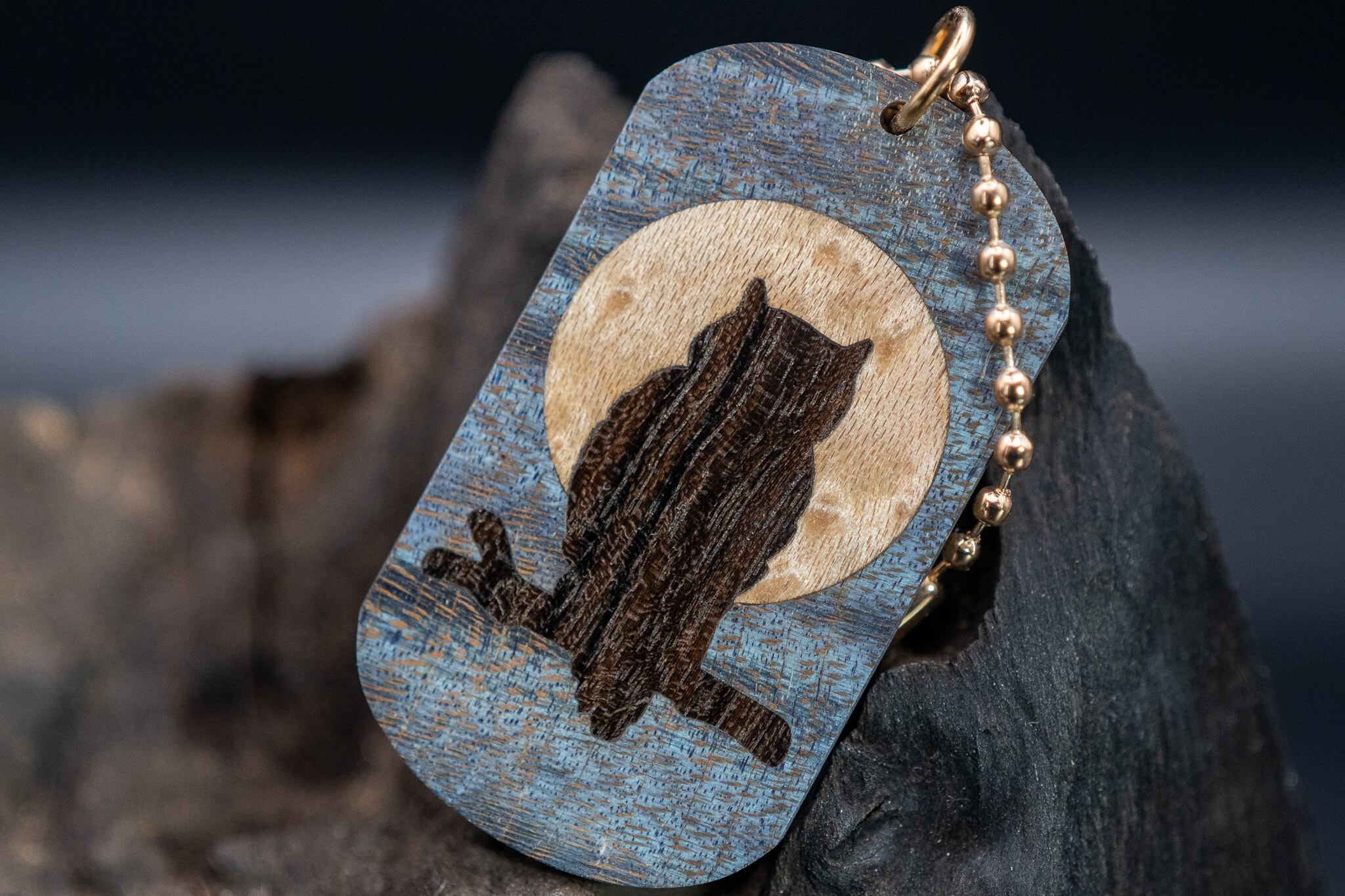 スタビライズウッド 楓 ドッグタグ 象嵌 夜とミミズク