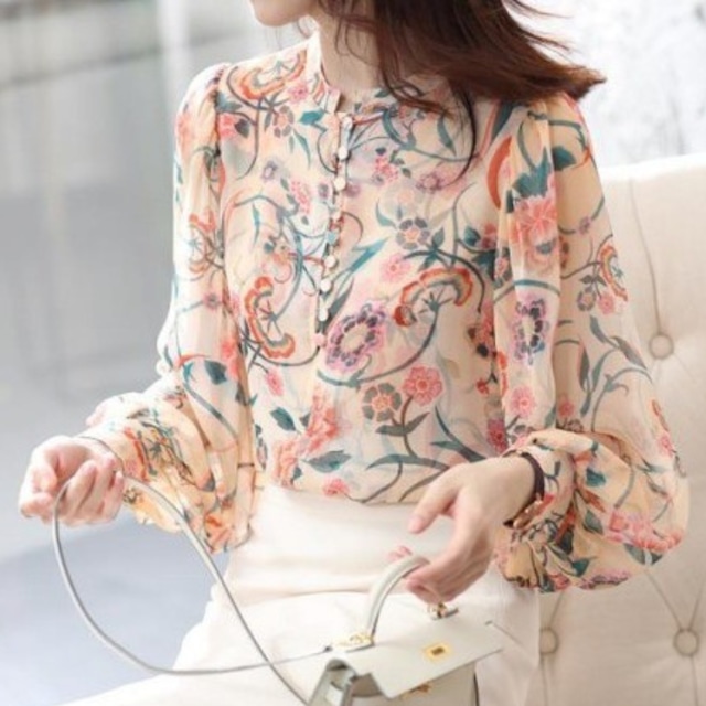 Stand collar elegant floral chiffon shirt