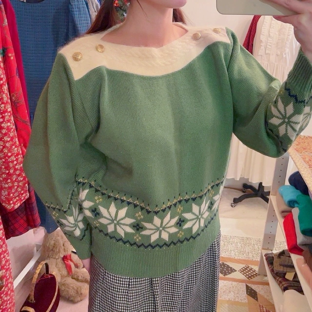 snowflake boat neck knit sweater