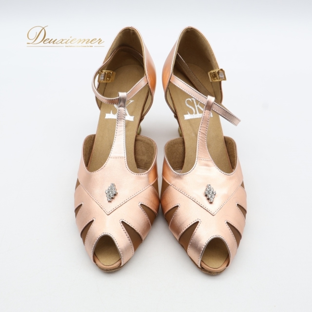 社交ダンス シューズ 23cm ピンク系 SK 靴 くつ ヒール レディース ラインストーン スタンダード ラテン オープントゥ ピンクゴールド系 光沢 キラキラ 練習 レッスン イベント ステージ パーティー 上品 かわいい ストラップ