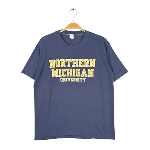 80s カレッジプリント ヴィンテージ Tシャツ 3段プリント NORTHERN MICHIGAN UNIVERSITY ネイビー シングルステッチ サイズL相当 BZ0694