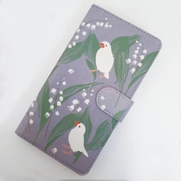 ほぼ全機種対応　手帳型　スマホケース　スマホカバー（対応専用ケース、カメラホール付）スズラン　文鳥