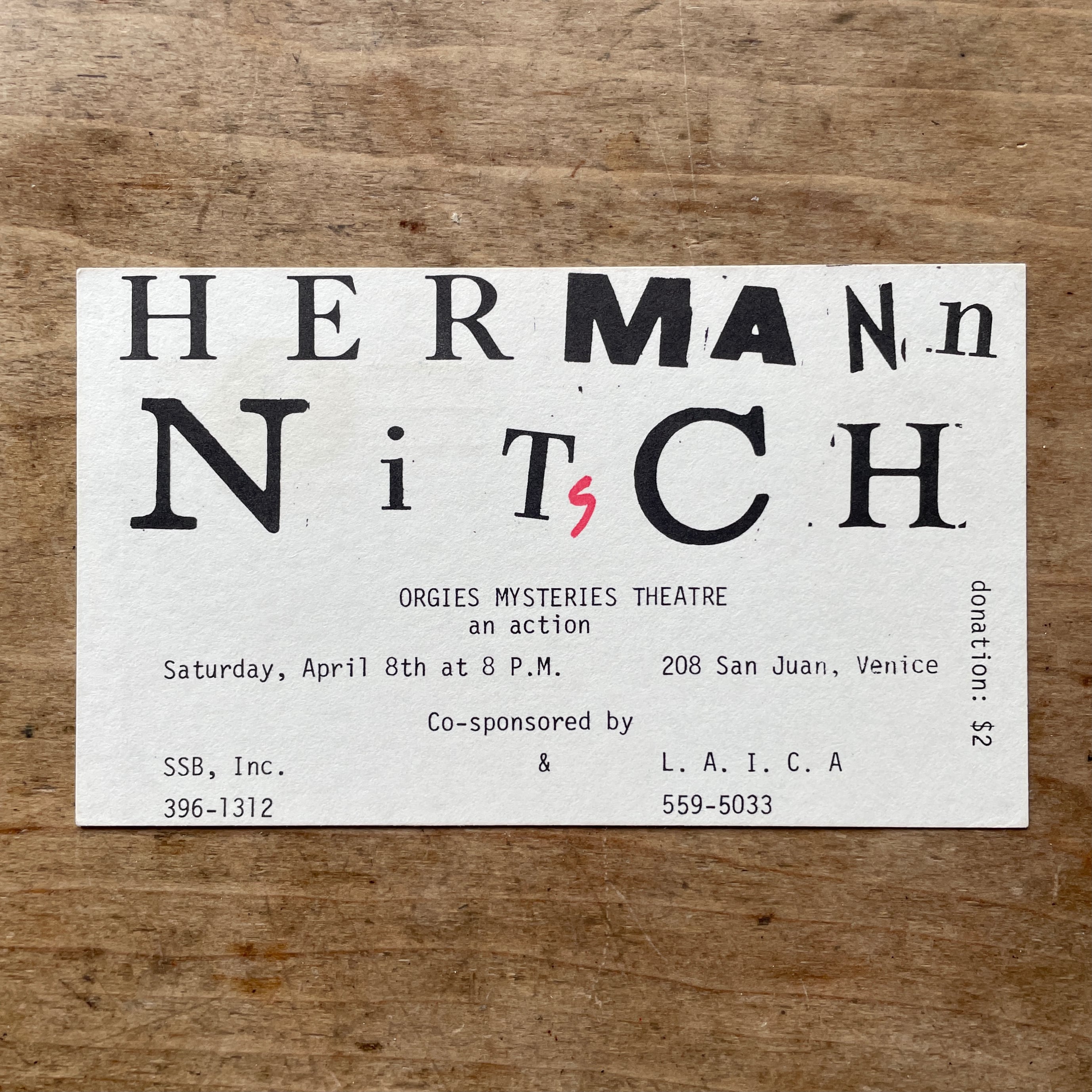 【アナウンスメントカード・エファメラ・稀少】ヘルマン・ニーチェ　Hermann Nitsch　Orgies mysteries theatre, 1978　Los Angeles Institute of Contemporary Art 　　 [310194170]