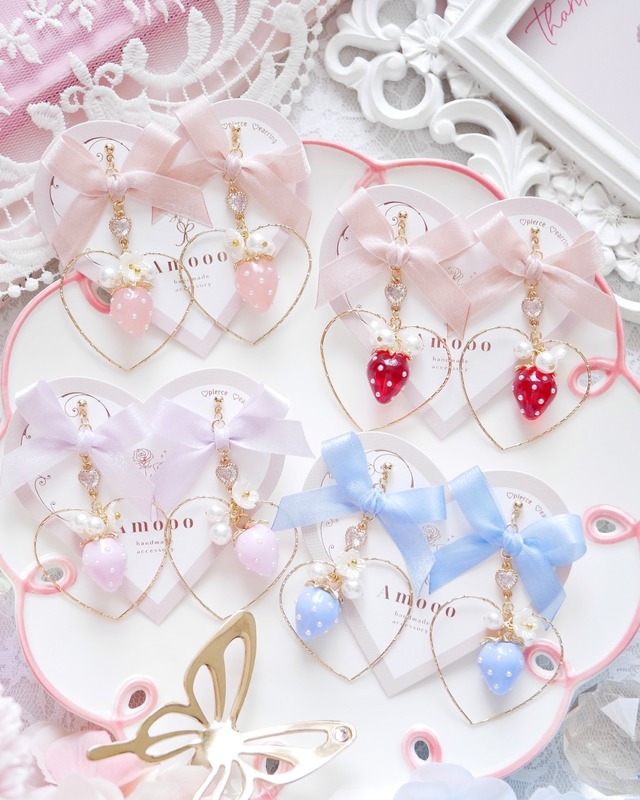 8713 ストロベリーハートフープリボンピアス/イヤリング