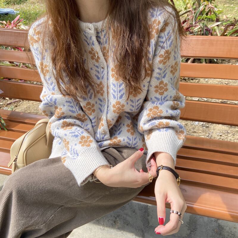 スプリングオータムスタイルFlowerデザイン ラウンドネックセーター ニットカーディガンジャケット 春物 秋物 Oネック フラワーデザイン スーパーモール8958103579