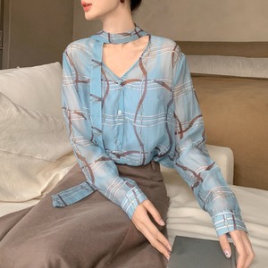 リボンVネックシアーブラウス　A3262