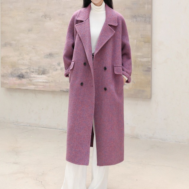LAPEL V-NECK DOUBLE BREAST LONG WOOL COAT 4colors M-15438
