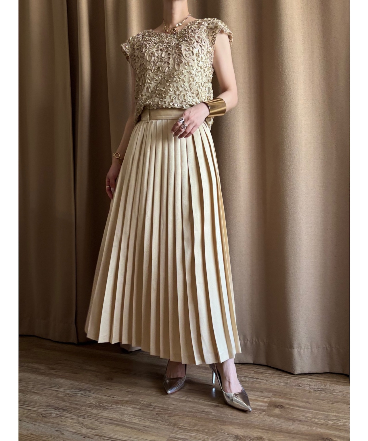 champagne gold elegant pleats skirt--4738-6