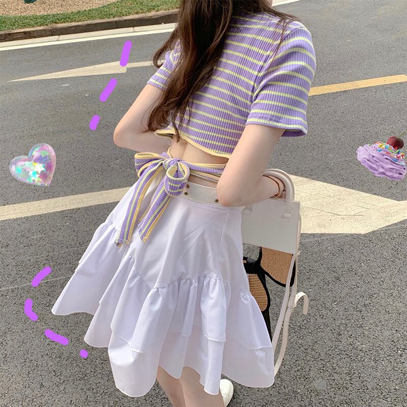 ストライプショートトップス バンドTシャツ サマー半袖スリーブ ハーフスリーブ 大人ガーリー スウィート キュート カジュアル 夏物 萌量不足93762303690