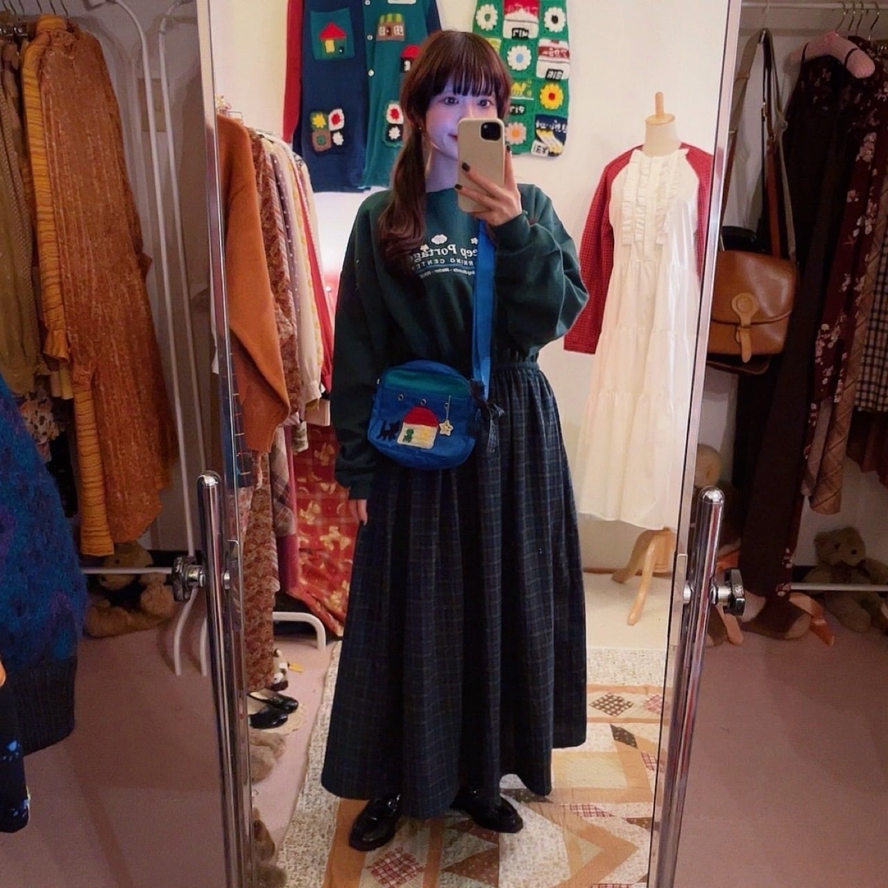 remake / cat walking night green check one-piece